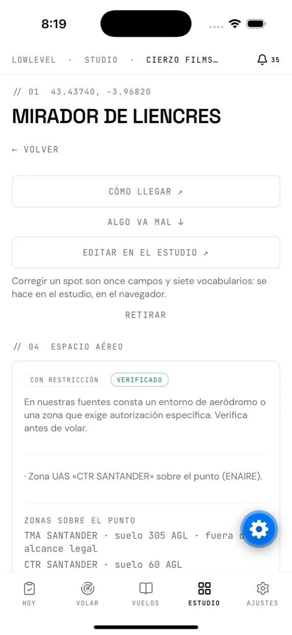 La ficha de un spot de la comunidad en la app