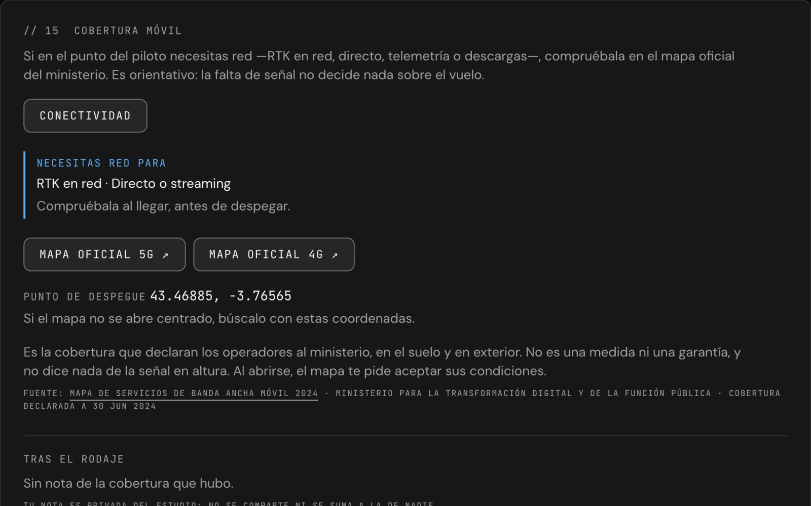 Captura del estudio: la cobertura móvil de un rodaje de demostración, con lo que necesita red y los enlaces a los mapas oficiales de 5G y 4G