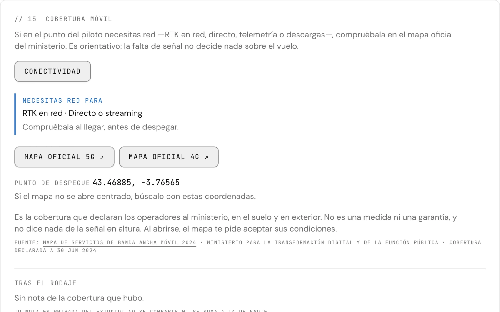 Captura del estudio: la cobertura móvil de un rodaje de demostración, con lo que necesita red y los enlaces a los mapas oficiales de 5G y 4G