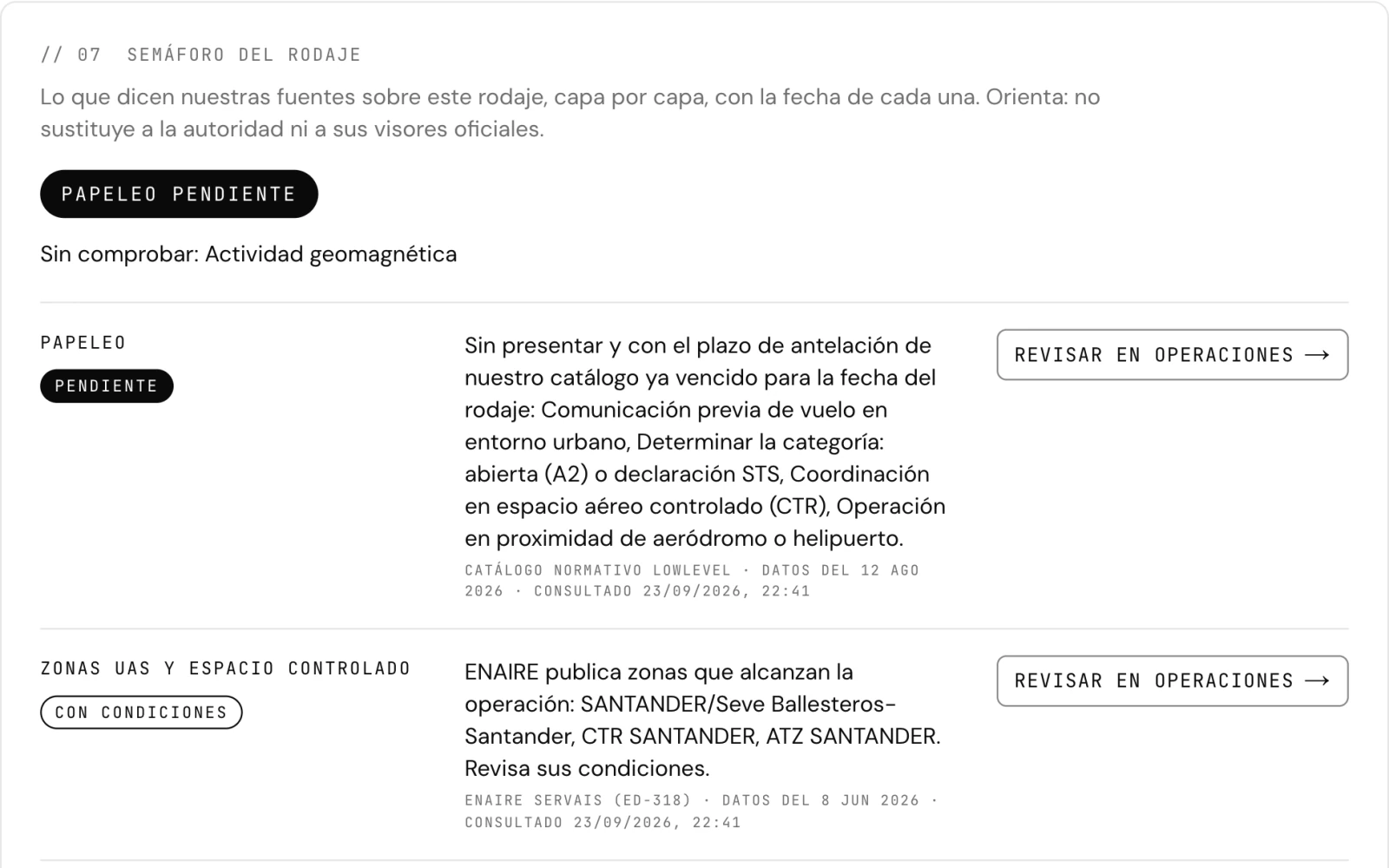 Captura del estudio: el semáforo de un rodaje de demostración en la península de la Magdalena, con el papeleo pendiente y las zonas de ENAIRE que alcanzan la operación