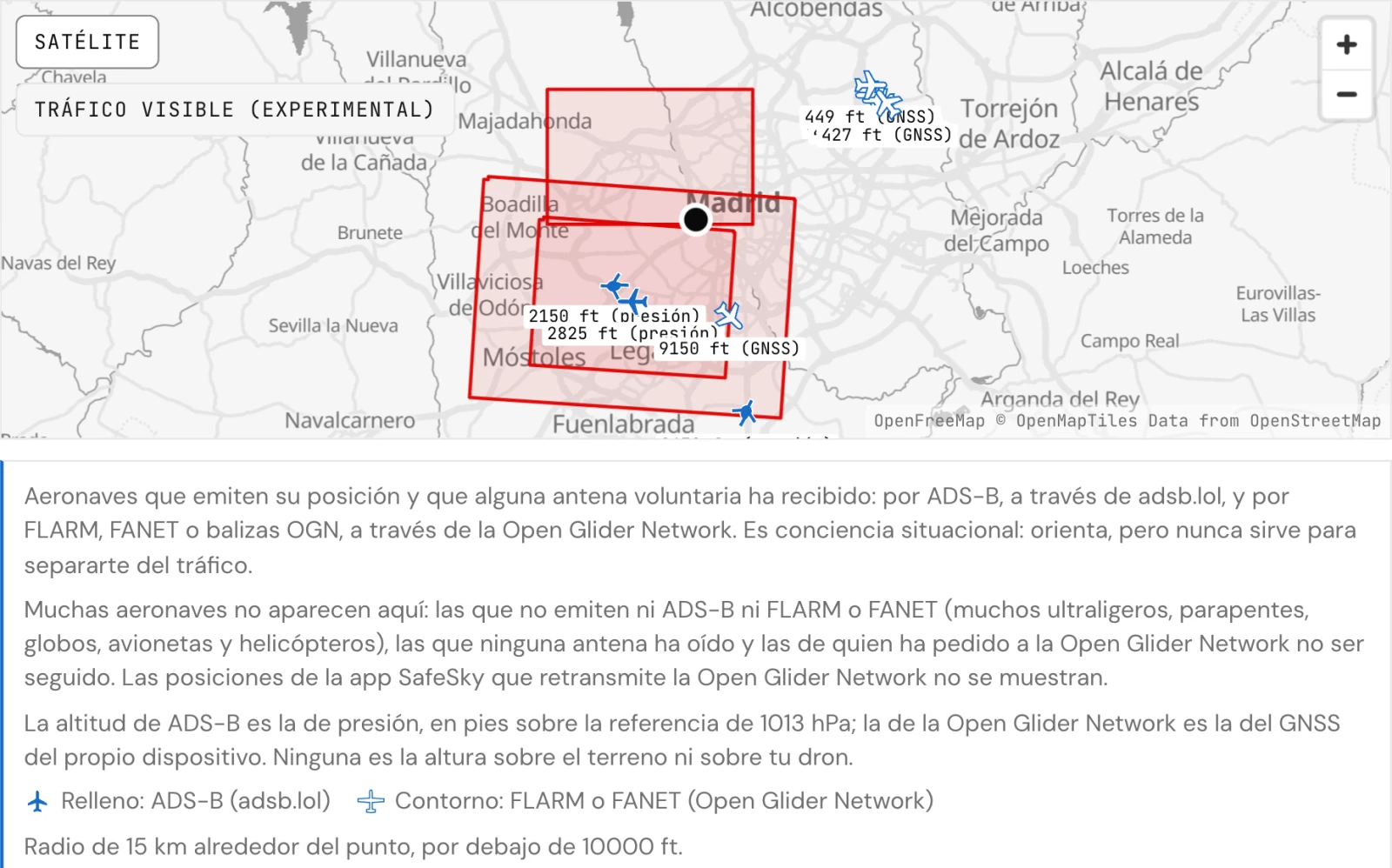 Captura del estudio: el mapa de un rodaje de demostración en la Casa de Campo con la capa de tráfico encendida, las aeronaves con su altitud y el aviso fijo de lo que no aparece
