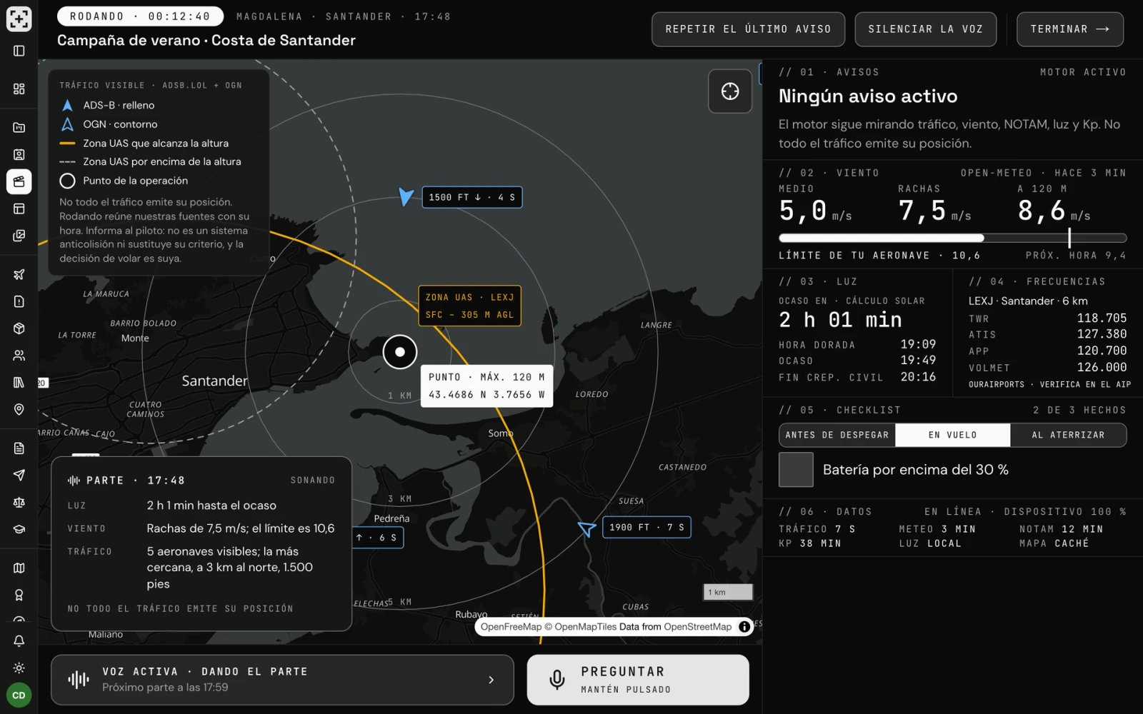 Captura de Rodando: el parte de las 17:48 sobre el mapa, con la luz restante, el viento contra el límite, el tráfico visible y «No todo el tráfico emite su posición»
