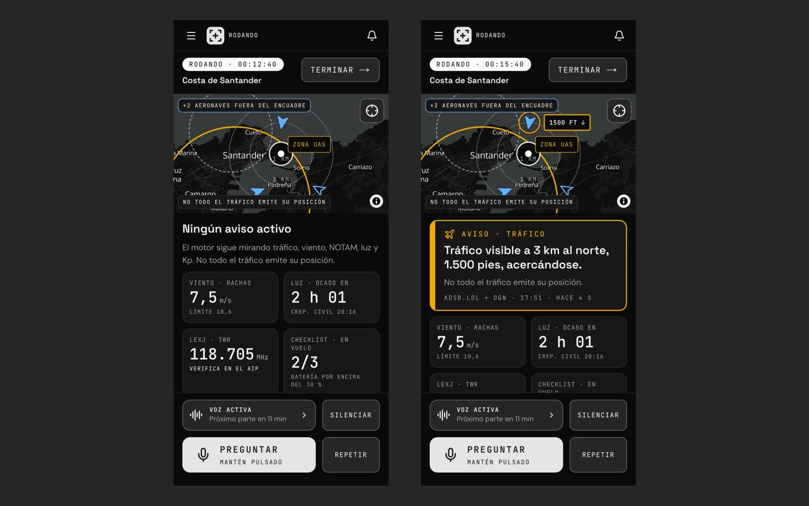 Dos capturas de Rodando en el teléfono: el rodaje en vuelo con el viento y la luz, y un aviso de tráfico con «No todo el tráfico emite su posición»