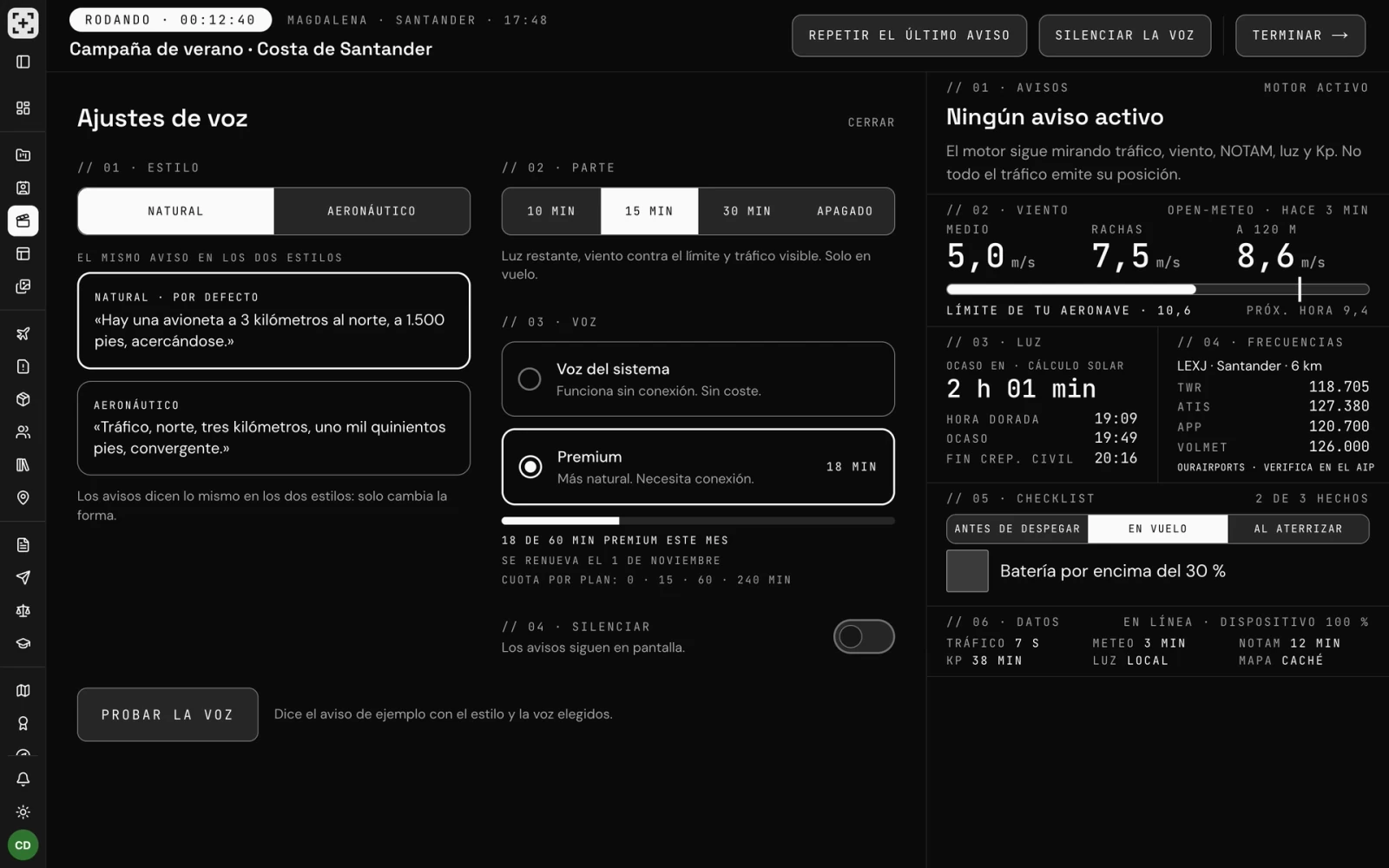 Captura de Rodando: los ajustes de voz, con el estilo natural o aeronáutico, el parte cada 15 minutos, la voz del sistema o la premium y la cuota por plan de 0, 15, 60 y 240 minutos