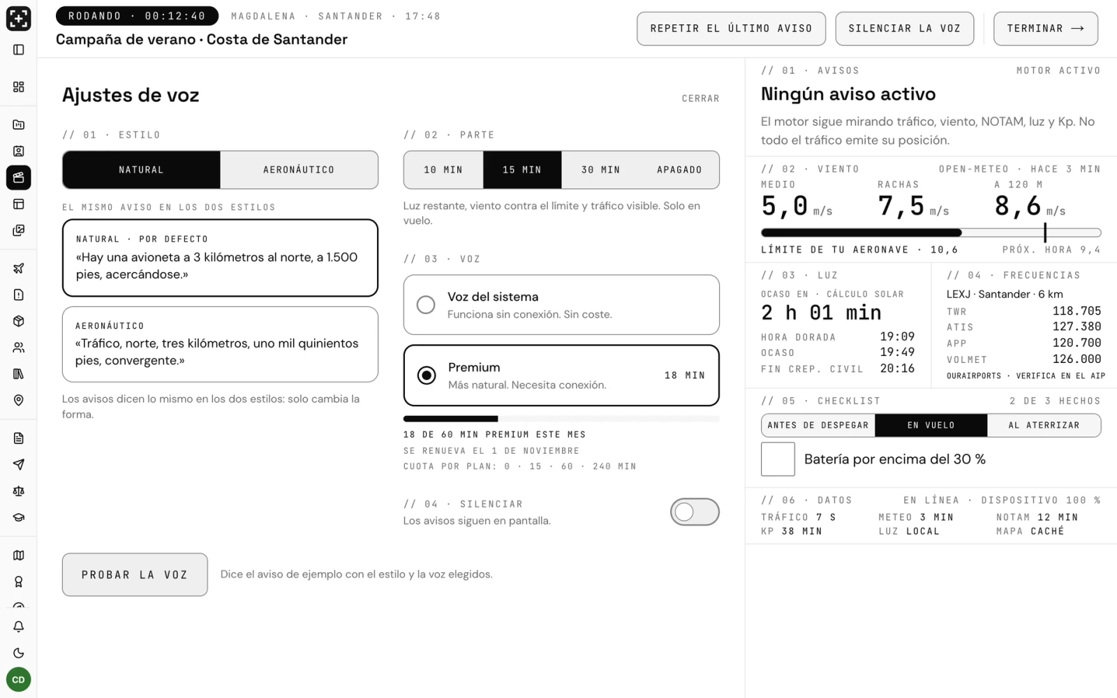 Captura de Rodando: los ajustes de voz, con el estilo natural o aeronáutico, el parte cada 15 minutos, la voz del sistema o la premium y la cuota por plan de 0, 15, 60 y 240 minutos